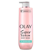 Olay gel de ducha con suero para piel sensible en envase, hidratación suave.