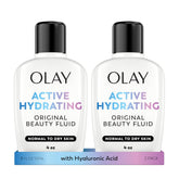 Olay hidratante facial fluido, botella visible, ofrece hidratación rápida para piel seca.