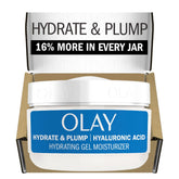 Olay Hyaluronic Ultralight Gel jar front showing fragrance-free formula for all-day hydration.