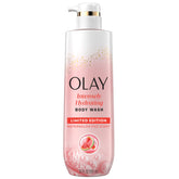 Olay limpiador de cuerpo con botella vertiendo para hidratar la piel
