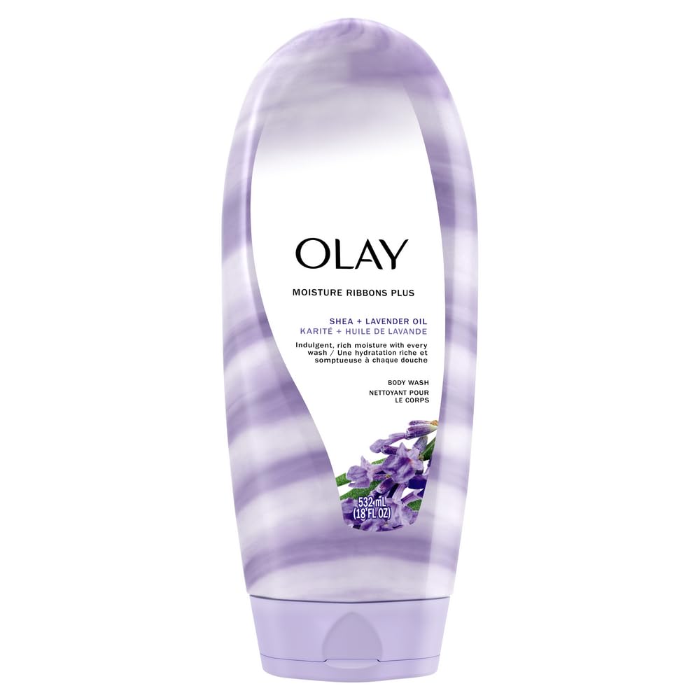 Olay Moisture Ribbons Plus lavender body wash bottle with rich lather for smooth skin.