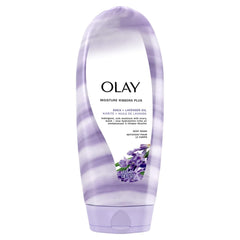 Olay Moisture Ribbons Plus lavender body wash bottle with rich lather for smooth skin.