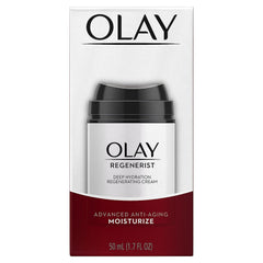 Olay Regenerist cream texture swirl close-up highlights smooth, non-greasy finish.