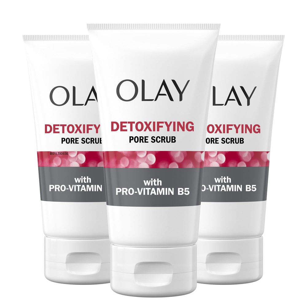 Olay Regenerist Detoxifying Pore Scrub three-pack bottles on display for refreshing cleansing.