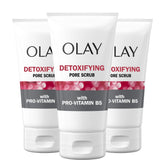 Olay Regenerist Detoxifying Pore Scrub three-pack bottles on display for refreshing cleansing.