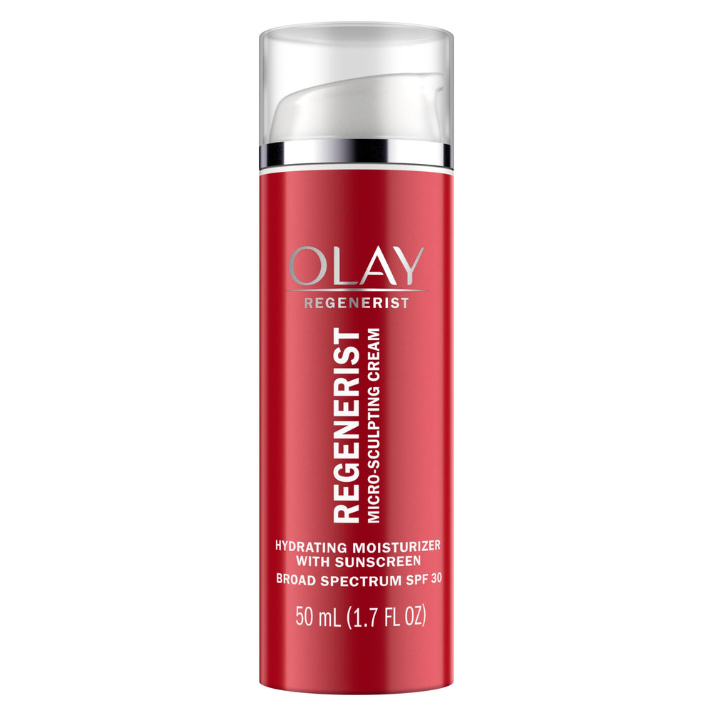 Olay Regenerist Micro-Sculpting Cream jar closeup for rich daily hydration and SPF protection.