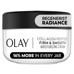 Olay Regenerist Radiance bottle close-up shows fragrance-free, hydrating moisturizer for daily use.