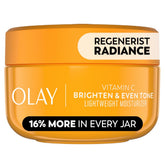 Olay Regenerist Radiance Vitamin C jar shows brightening moisturizer for even tone.