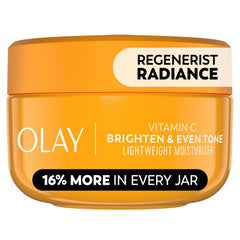 Olay Regenerist Radiance Vitamin C jar shows brightening moisturizer for even tone.