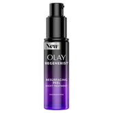 Olay Regenerist Resurfacing Peel Night Treatment bottle with soft glow for radiant skin.