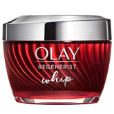 Olay Regenerist Whip bottle closeup shows light, airy texture for fast hydration.