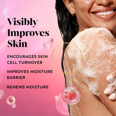 Olay Strawberry Fizz foamy lather creates a rich shower experience.
