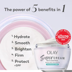 Olay Super Cream fragrance-free label—gentle daily moisturizer for sensitive skin.