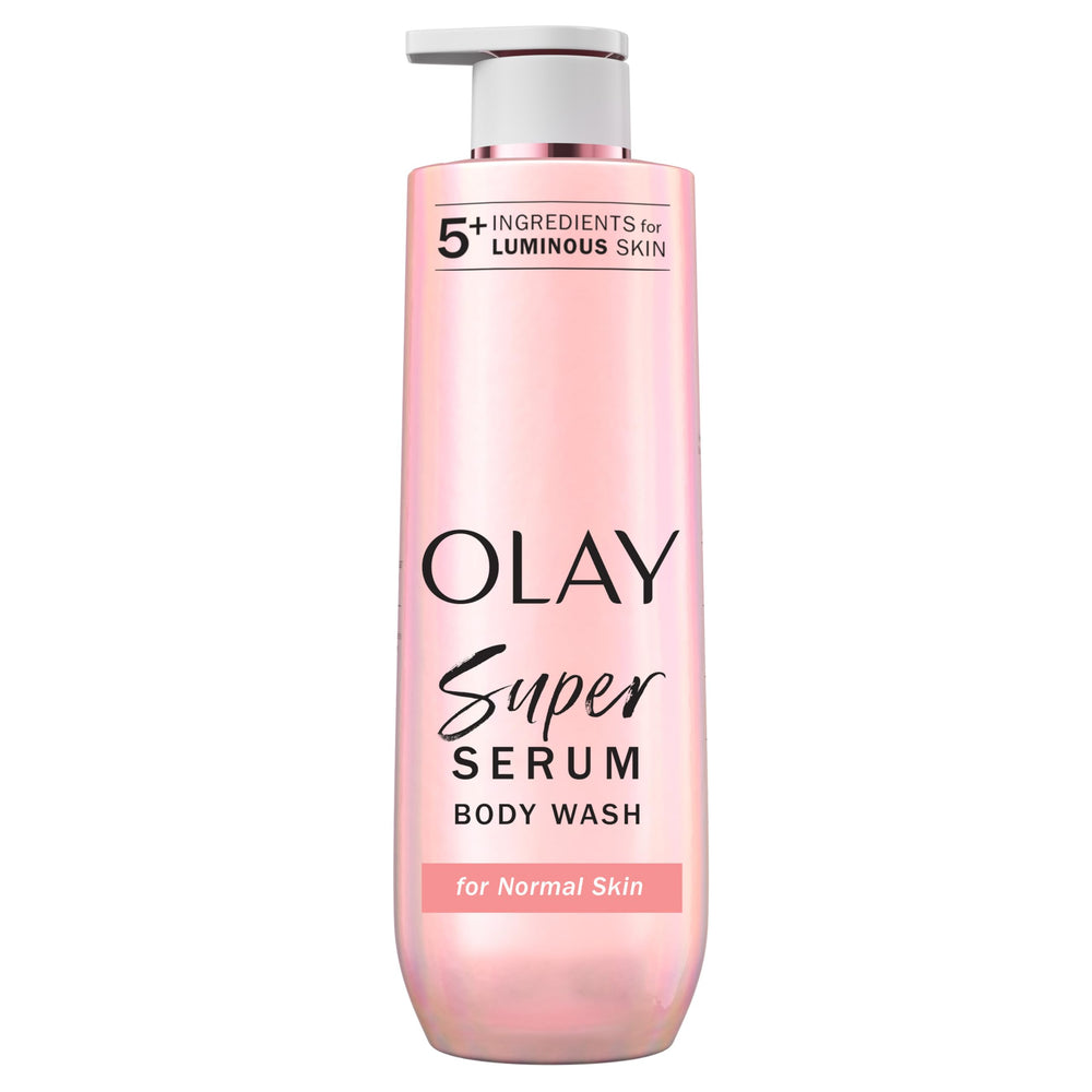 Olay Super Serum: botella vertido, aplicación suave en la ducha diaria.