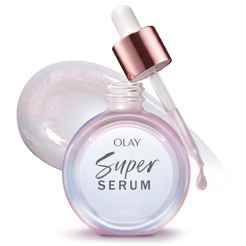 Olay Super Serum bottle radiates hydration and brightness.