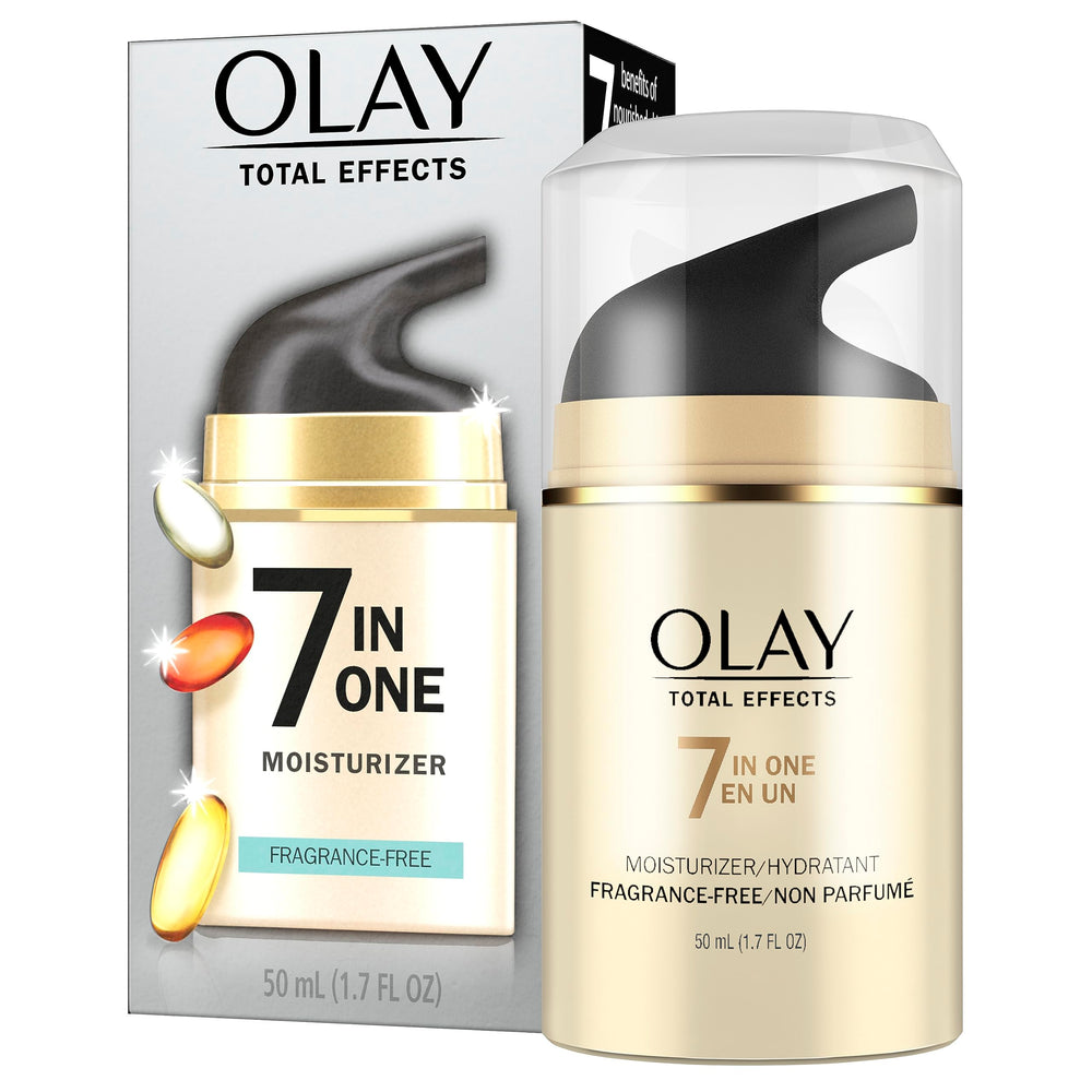 Olay Total Effects fragrance-free 1-7oz bottle shown for fast-absorbing hydration
