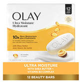 Olay Ultra Moisture Beauty Bar pack-12 shown for daily cleansing with hydration.