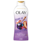 Olay Visions of Sugarplums bottle closeup with festive scent and hydration benefits