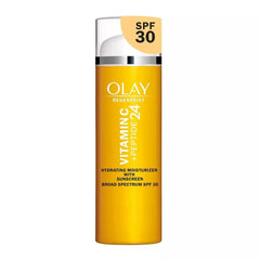 OLAY Vitamin C Hydrating Moisturizer with SPF 30 pump bottle for daily sun protection and hydration.