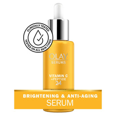OLAY Vitamin C + Peptide 24 serum cap close-up, premium packaging
