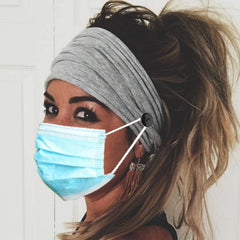 Olbye leopard button headband with mask attachment relieves ear strain.