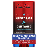 Old Spice Alquimista botella con salvia aterciopelada y madera flotante, aroma sofisticado.