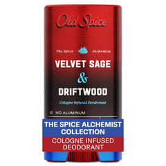 Old Spice Alquimista botella con salvia aterciopelada y madera flotante, aroma sofisticado.