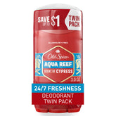 Desodorante Old Spice Aqua Reef libre de aluminio frente al envase, olor duradero.