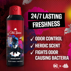 Old Spice Batman desodorante botella dorso destaca la marca y aroma duradero