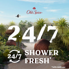 Old Spice body wash bottle delivers long-lasting scent for day-long freshness.