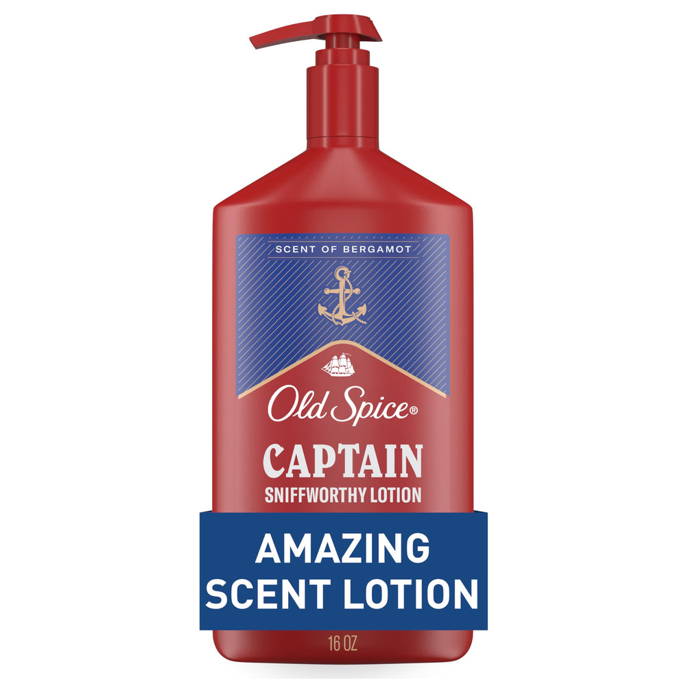 Old Spice Captain lotion pump bottle showing easy, quick hydration