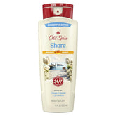 Old Spice cleansing body wash bottle pours with 24/7 shower fresh scent.