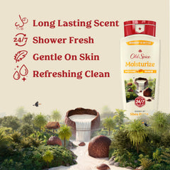 Close-up of Old Spice label featuring Restore & Renew with shea butter for moisturized skin
