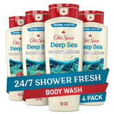 Old Spice Deep Cleanse bottle pour showcases lasting freshness for daily showers.