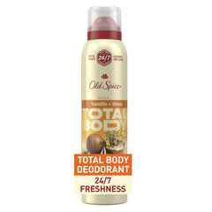 Old Spice Vanilla + Shea, botella del desodorante corporal para uso en todo el cuerpo.