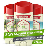 Old Spice Fiji antiperspirant bottle with palm-tree scent for all-day protection.