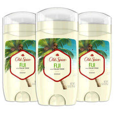 Old Spice Fiji palm tree deodorant 3oz pack front view promotes long-lasting freshness.