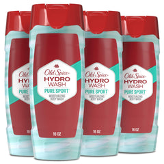 Old Spice Hydro Wash bottle front with Pure Sport Plus for long-lasting freshness.