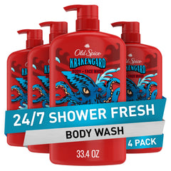 Old Spice Krakengard bottle front with rugged design and lasting scent.