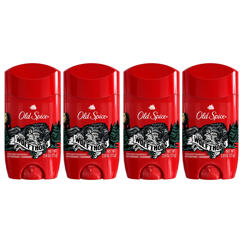 Old Spice Wolfthorn invisible solid deodorant stick in a four-pack for everyday protection.