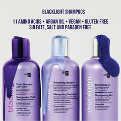 Oligo Professionnel Blacklight Violet Shampoo hair strands show cooler blonde tones with reduced brassiness.