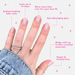 Non-toxic glue detail for durable, gentle bond on natural nails.