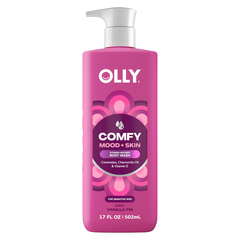 OLLY Body Wash Comfy Mood: bote vertido, experiencia de ducha suave para piel sensible.