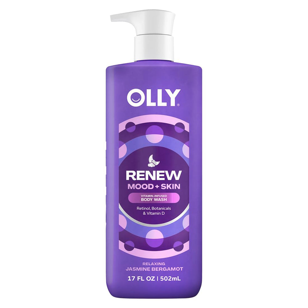 OLLY Renew Body Wash bottle with jasmine bergamot scent for a calming nightly routine