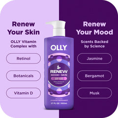 OLLY Renew Body Wash foam closeup showing soft, skin-loving cleansing