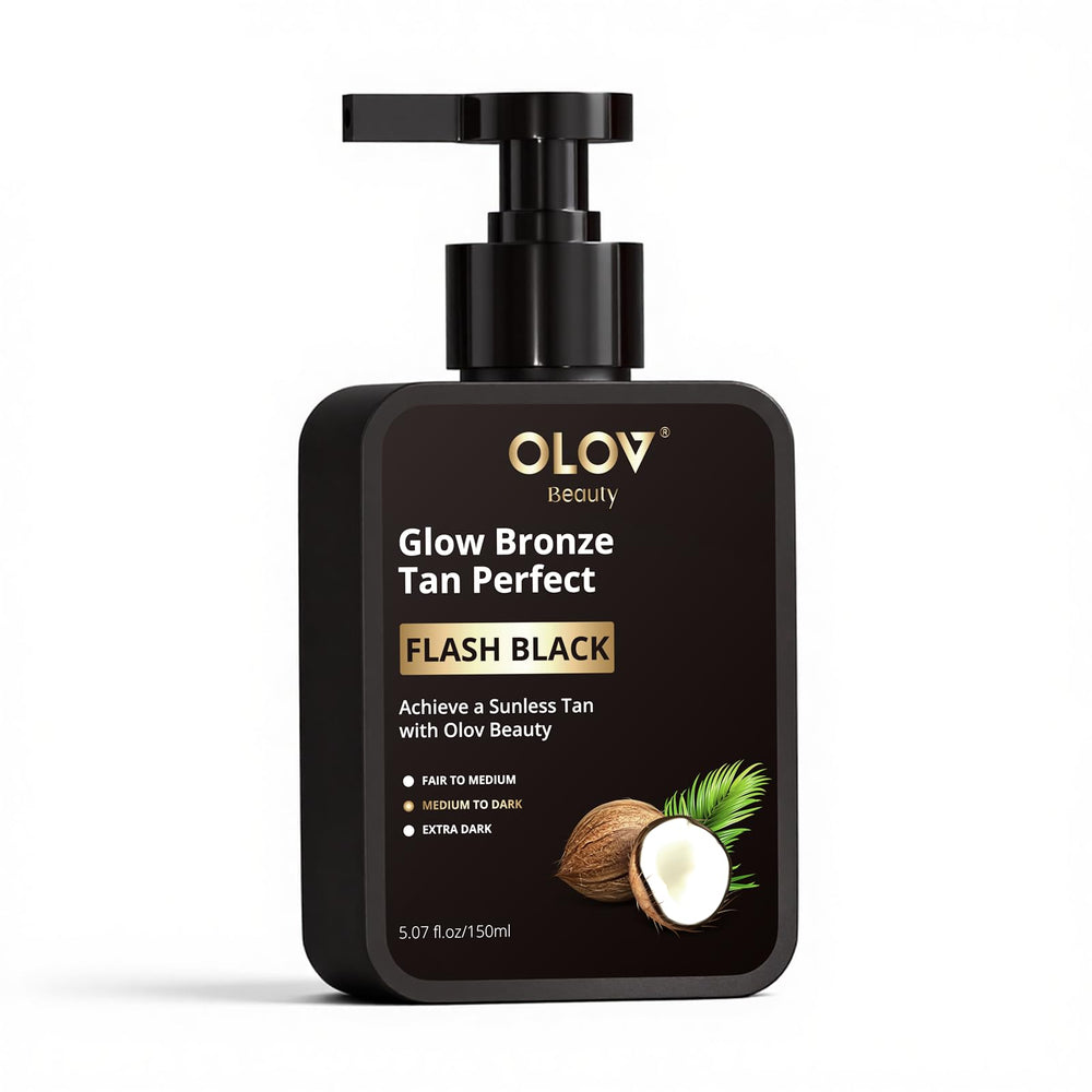 OLOV BEAUTY loción bronceadora, botella frontal, bronceado natural sin sol
