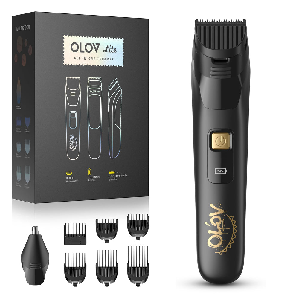 OLOV LITE beard trimmer with 6 guide combs enables precise styling.