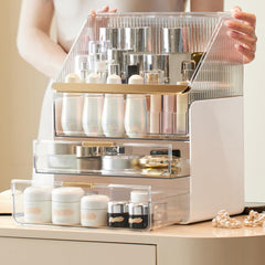 Omeily cosmetics display case top angle shows three-tier storage
