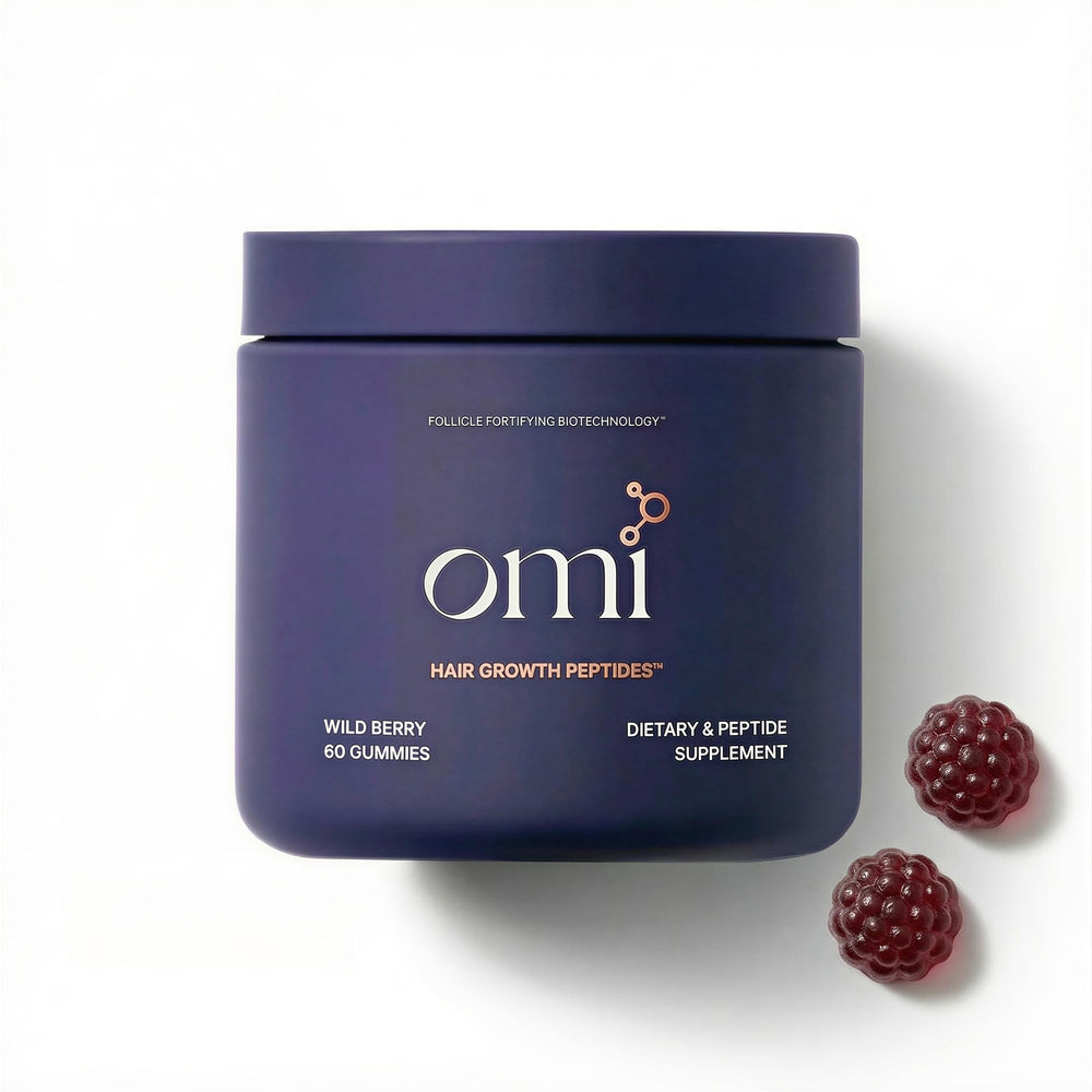 OMI WELLBEAUTY Wild Berry gummies in a bottle for daily hair support and nourishment.
