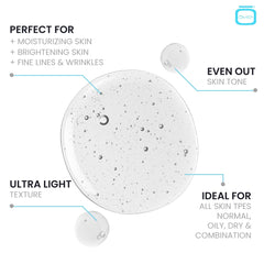 Texture swatch shows lightweight, fast-absorbing serum.